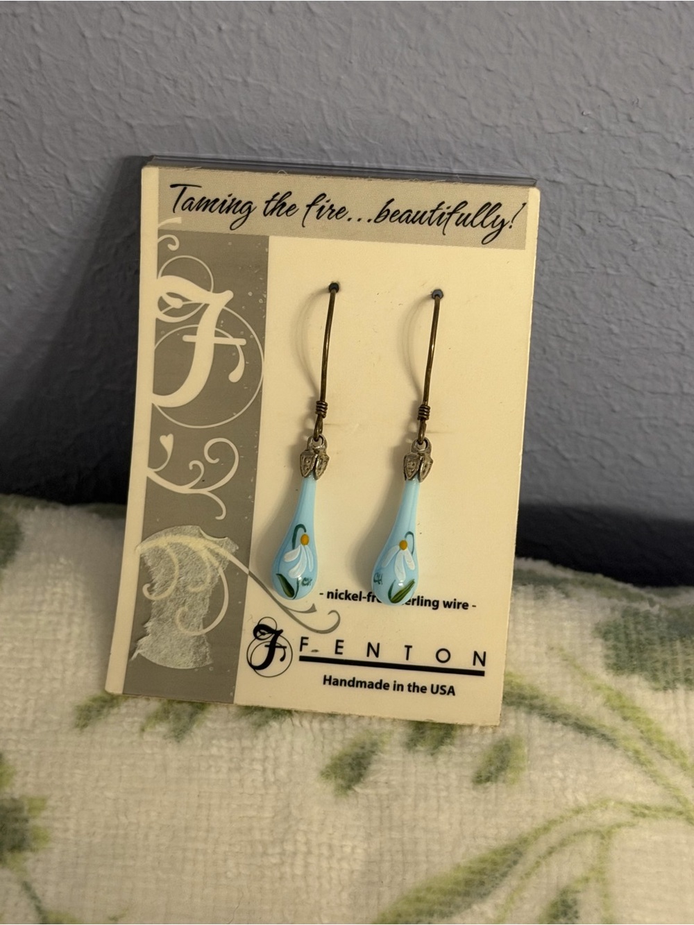 Fenton Light Blue Teardrop Floral Glass Earrings Handpainted daisy